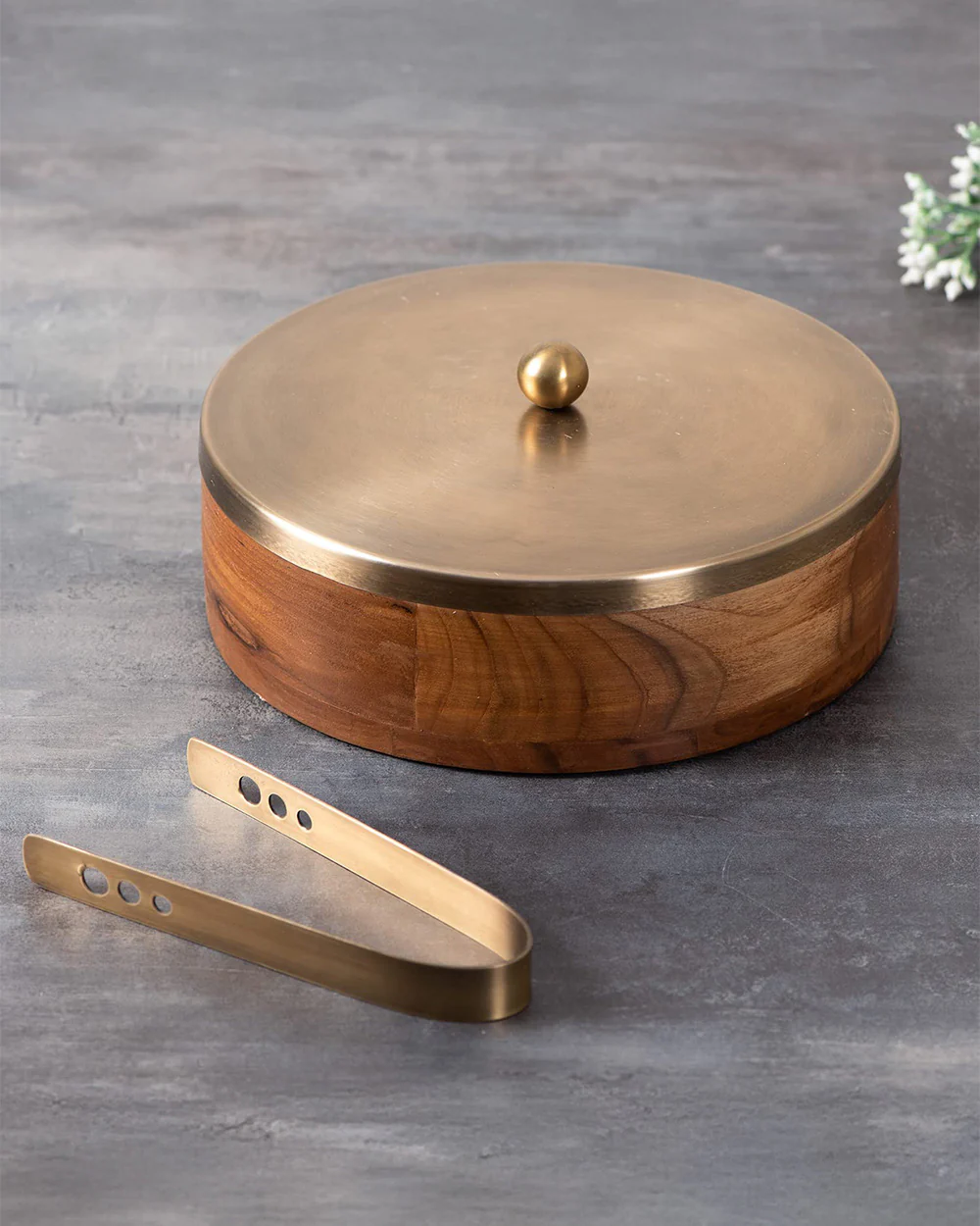 Classic Acacia Wood Roti Box with tong - Gold - Image 2