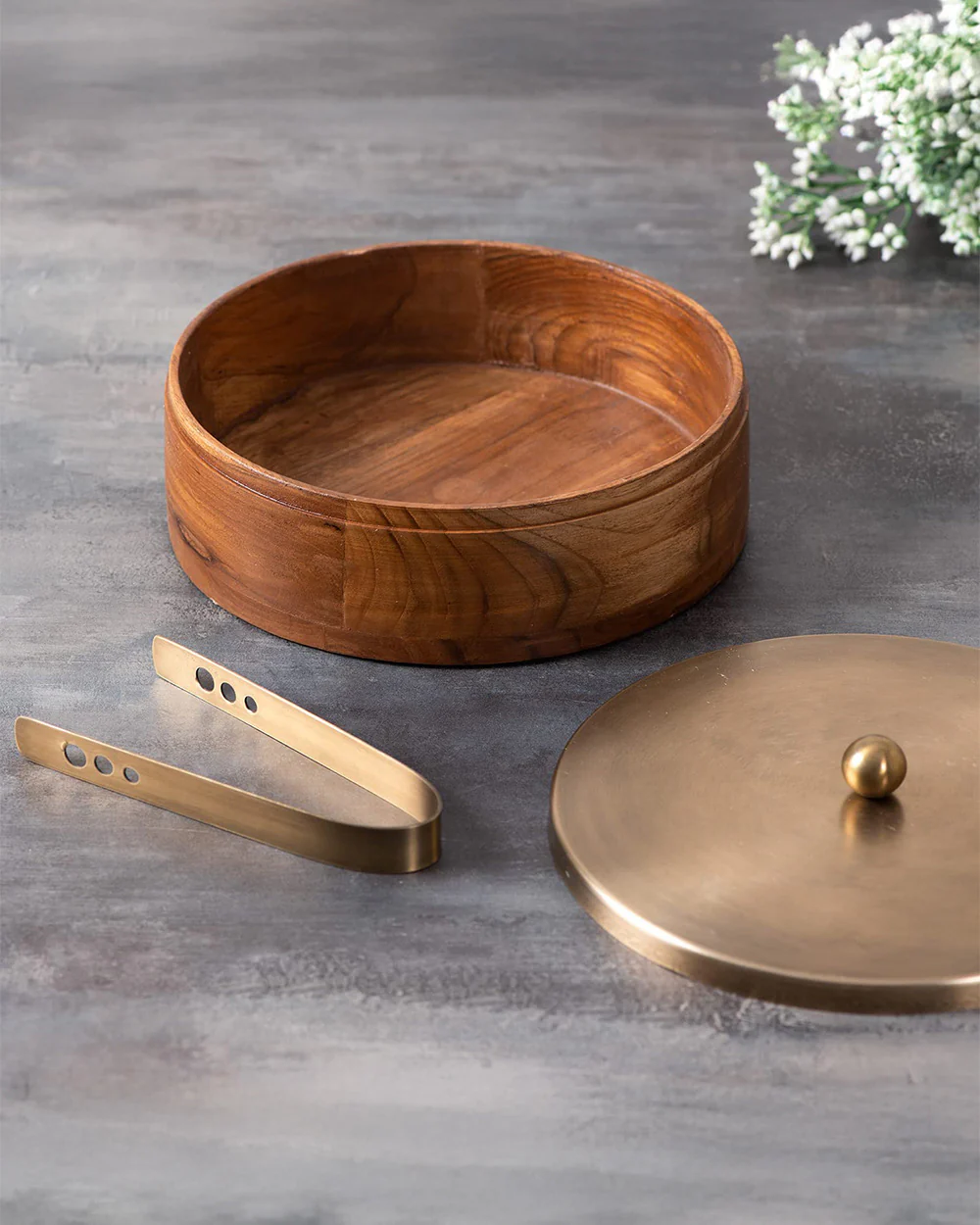 Classic Acacia Wood Roti Box with tong - Gold - Image 3