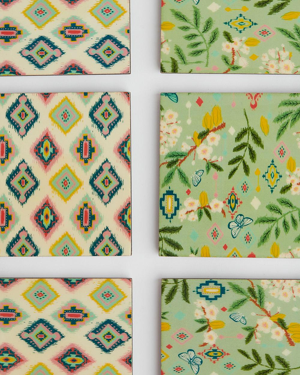 Farmhouse Coasters -Farm Garden, Green, Ikkat, Set of 6, 4” x 4” - Image 3