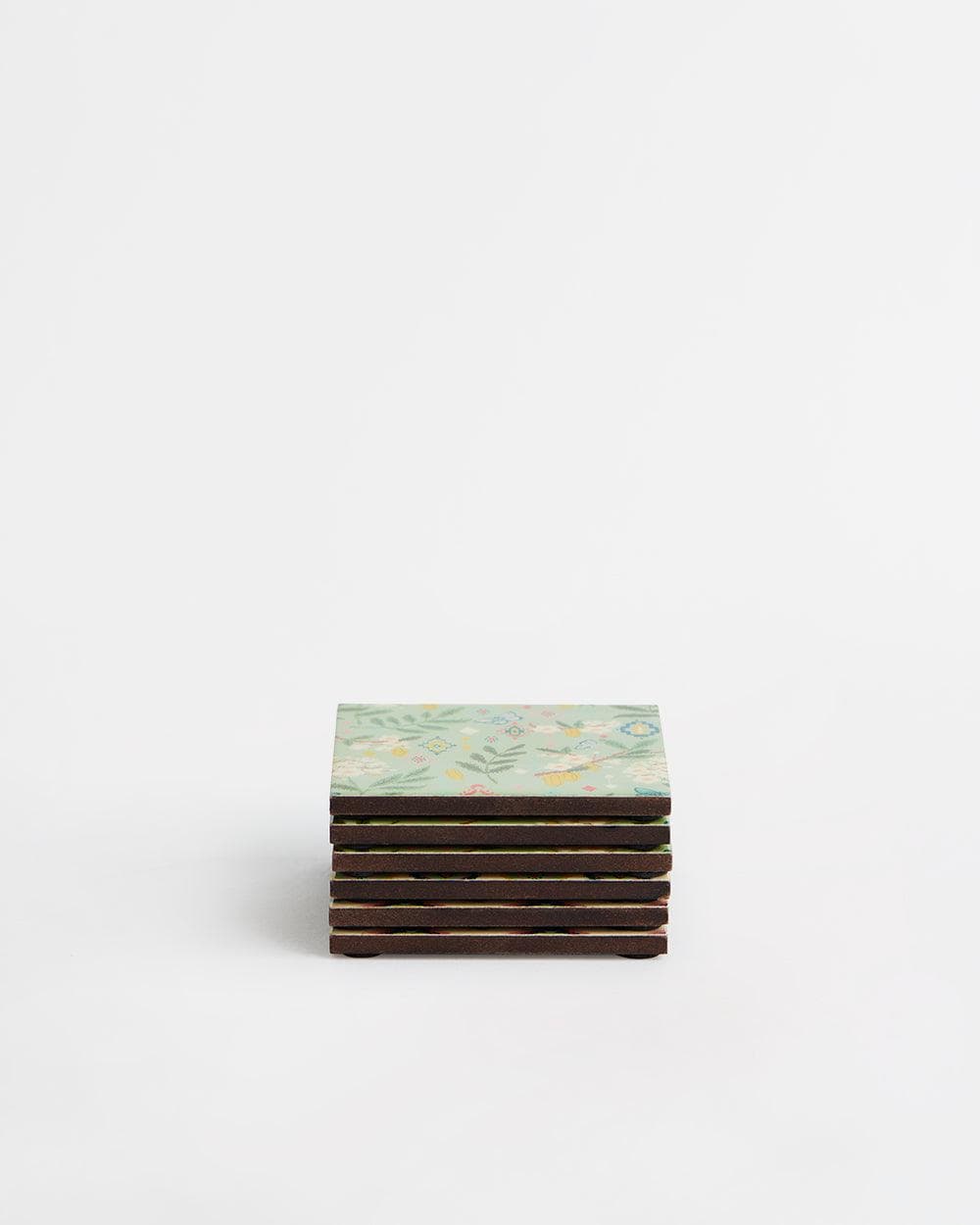 Farmhouse Coasters -Farm Garden, Green, Ikkat, Set of 6, 4” x 4” - Image 4