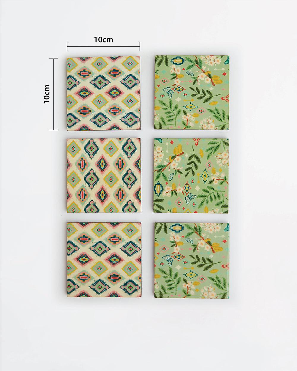 Farmhouse Coasters -Farm Garden, Green, Ikkat, Set of 6, 4” x 4” - Image 5