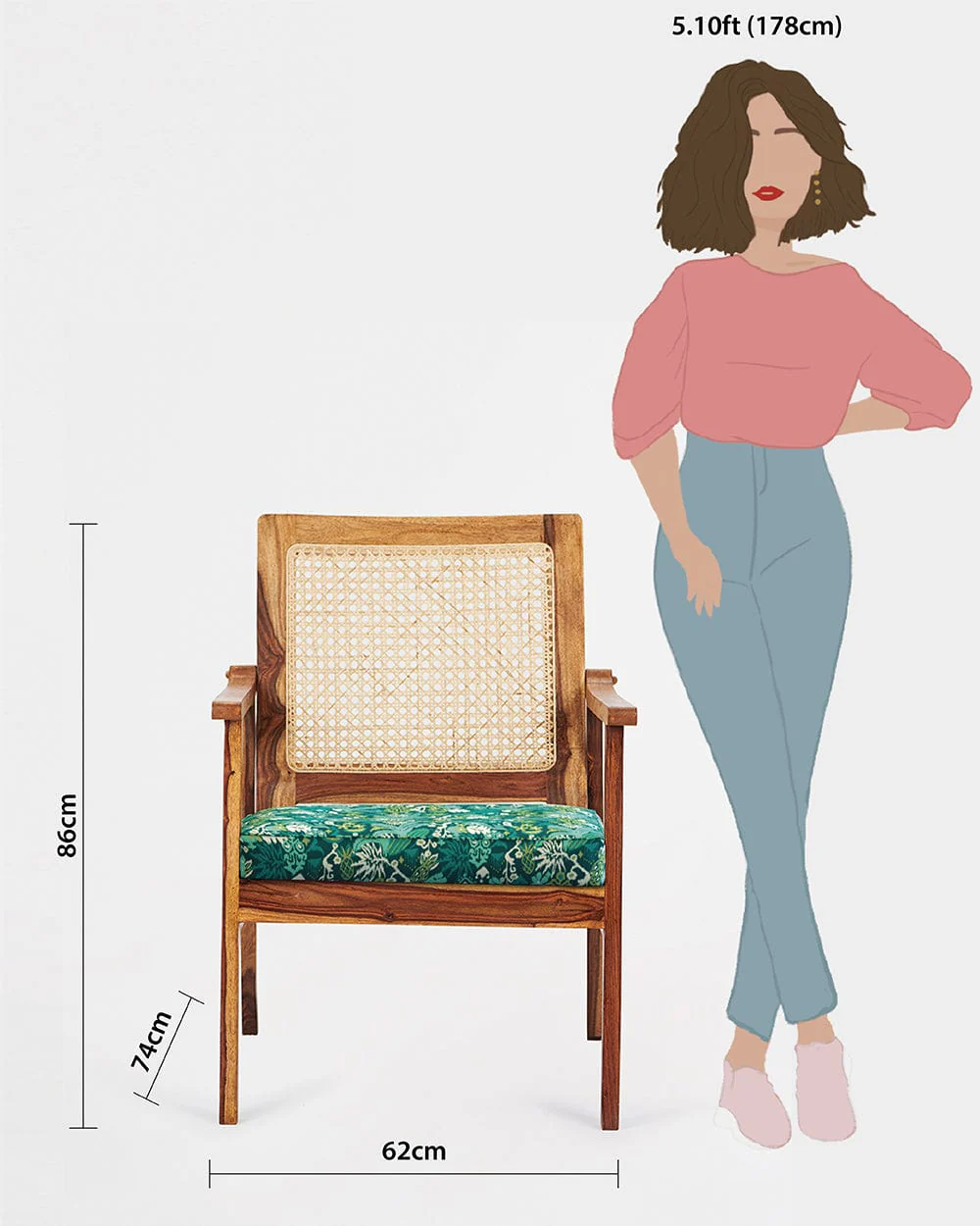 French Rattan Arm Chair Tropical Ikkat Green - Image 7