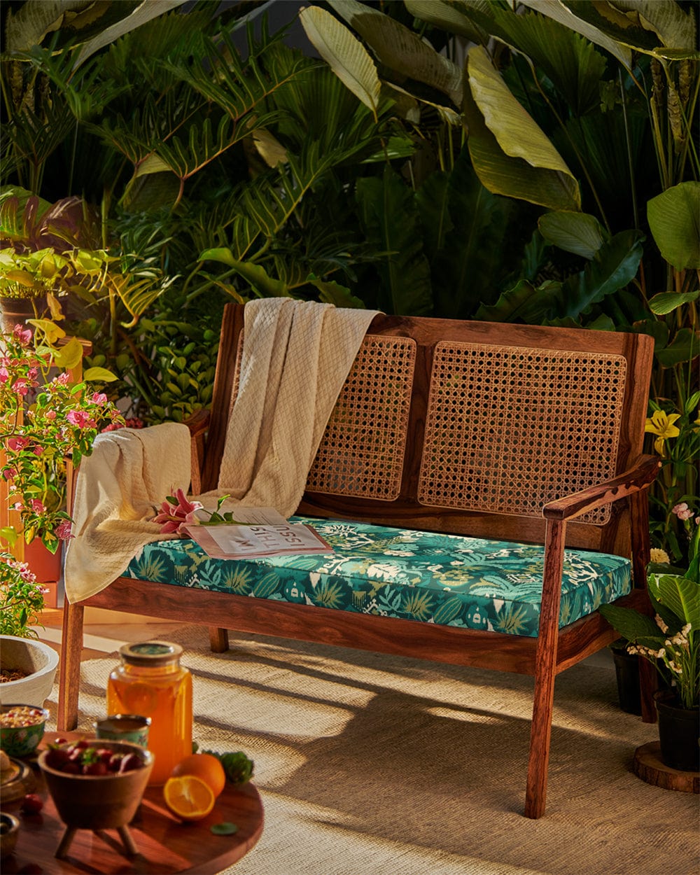 French Rattan Love Seat Tropical Ikkat Green