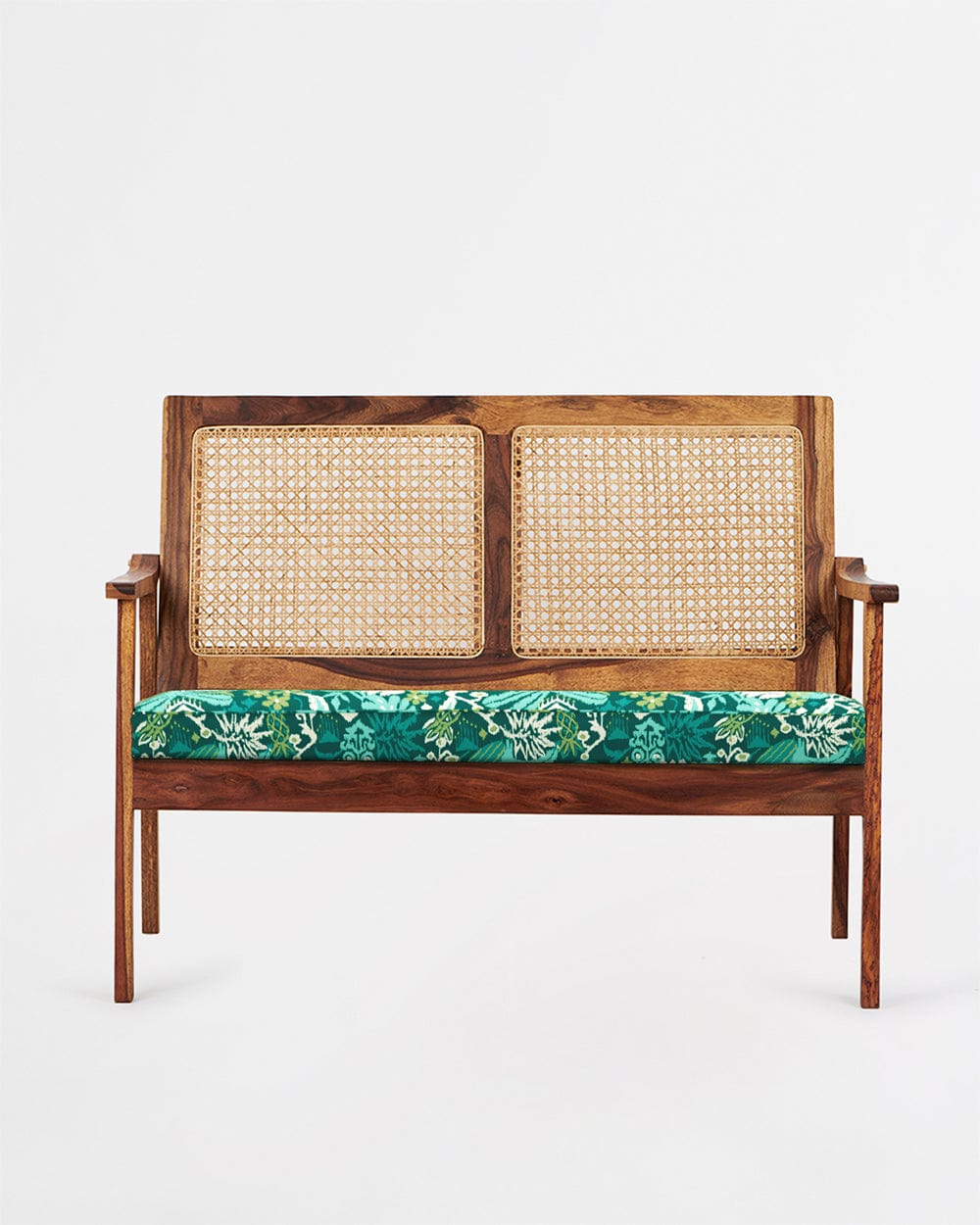 French Rattan Love Seat Tropical Ikkat Green - Image 2