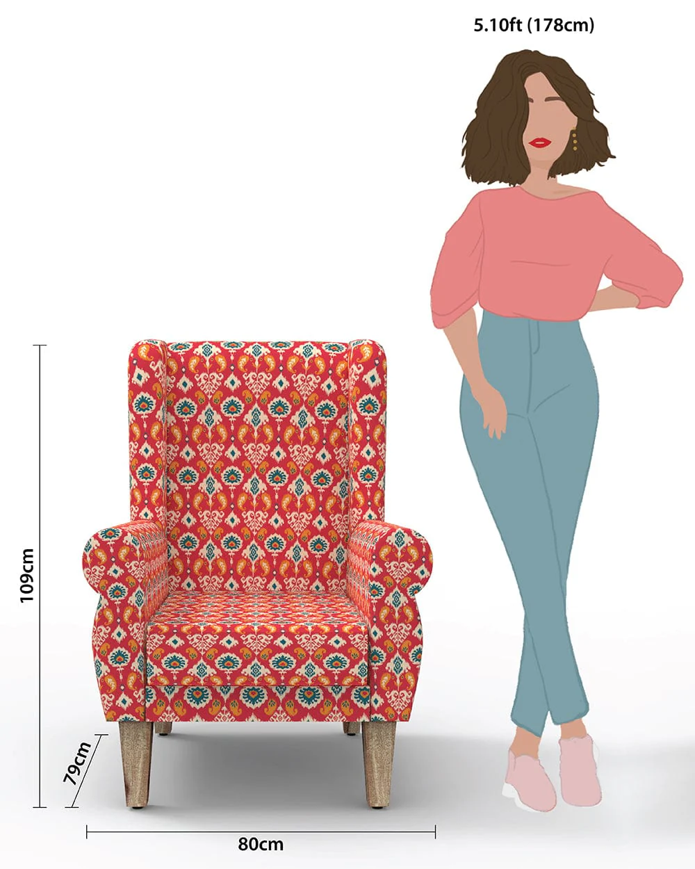 Begum Wing Chair - Red Ikkat - Image 6
