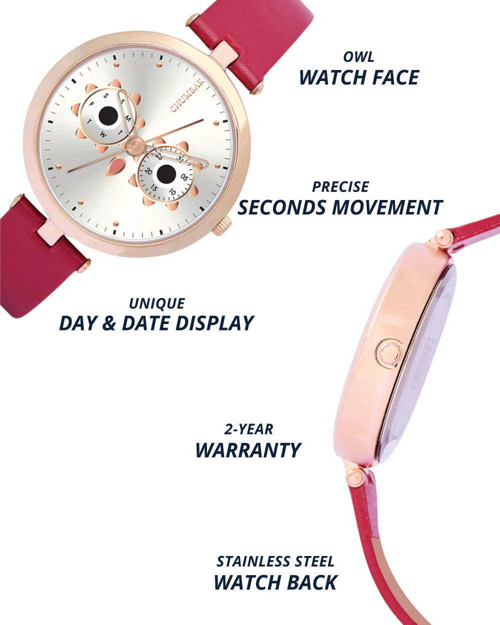 Hoot Leather Strap Watch | Maroon Strap - Image 3