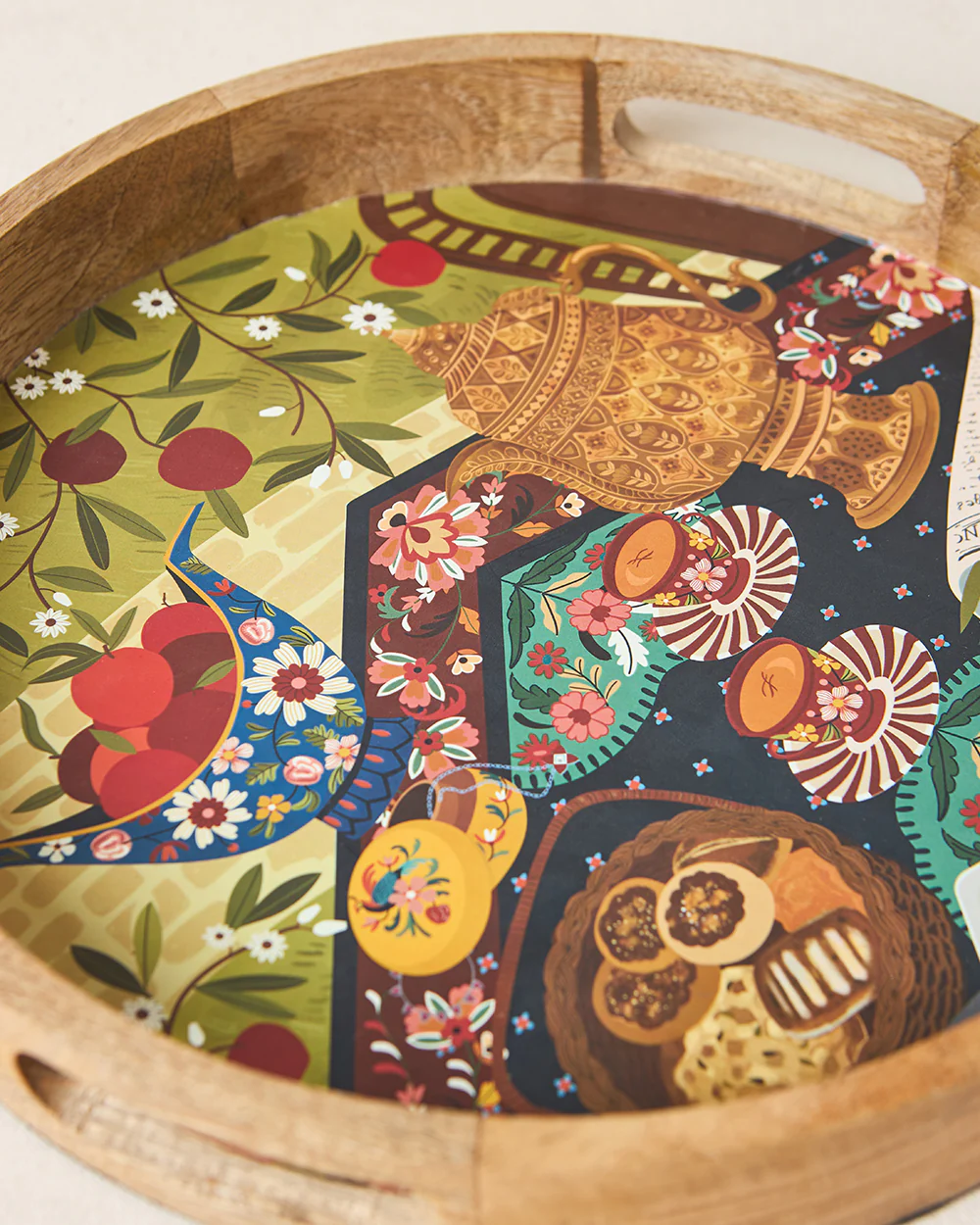 Kahwah Hour Wooden Serving Tray, 12" dia | Kashmir Trails - Image 3