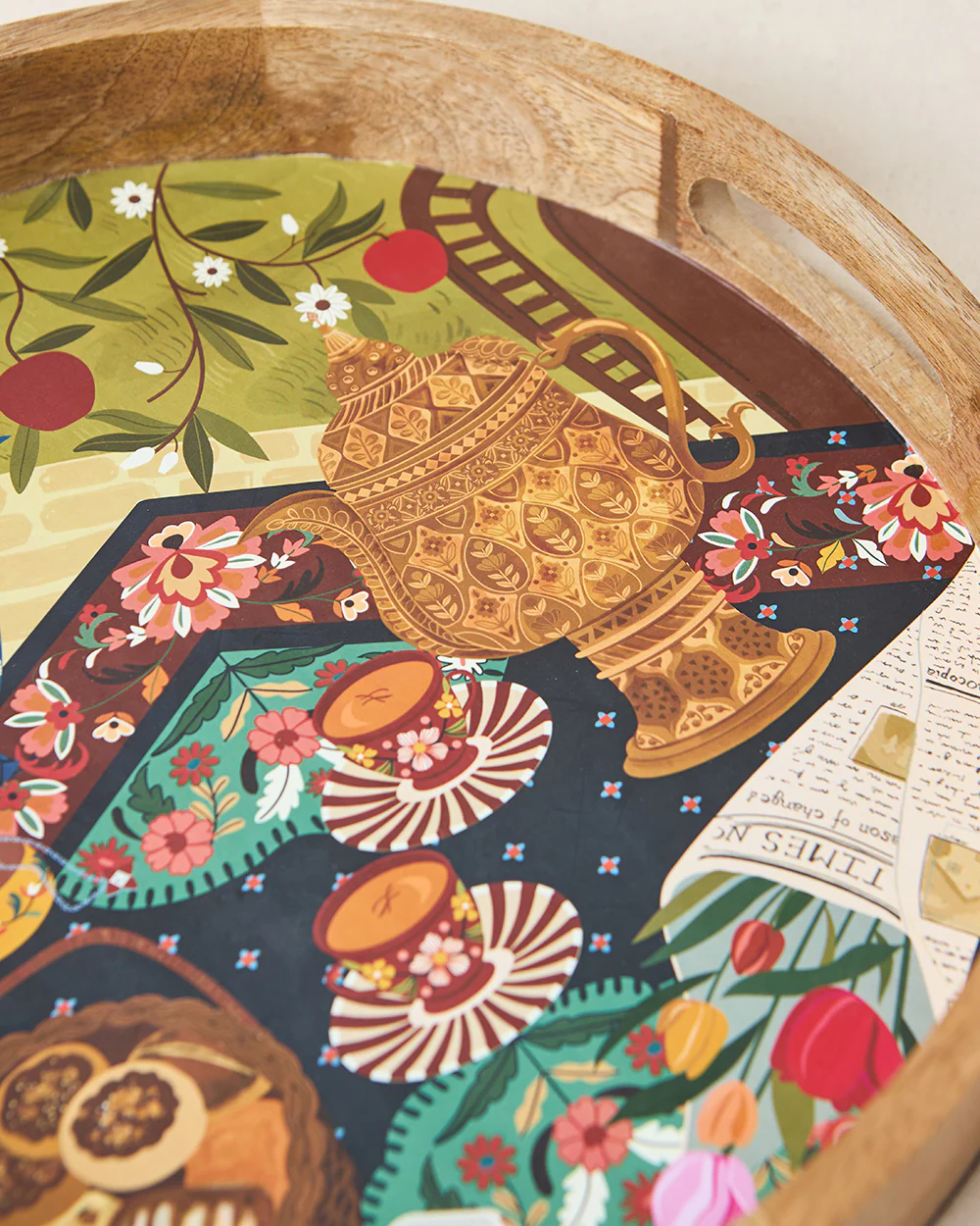 Kahwah Hour Wooden Serving Tray, 12" dia | Kashmir Trails - Image 6