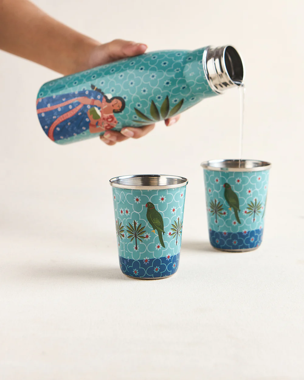 Lady Chettiar Drinkware Gift Set - Set of 3, 750ml Bottle, 200ml Tumblers - Image 2