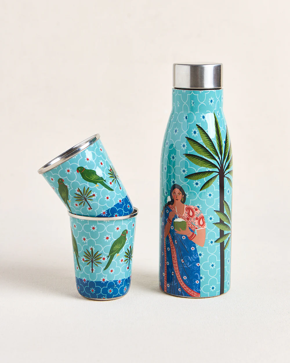 Lady Chettiar Drinkware Gift Set - Set of 3, 750ml Bottle, 200ml Tumblers - Image 3