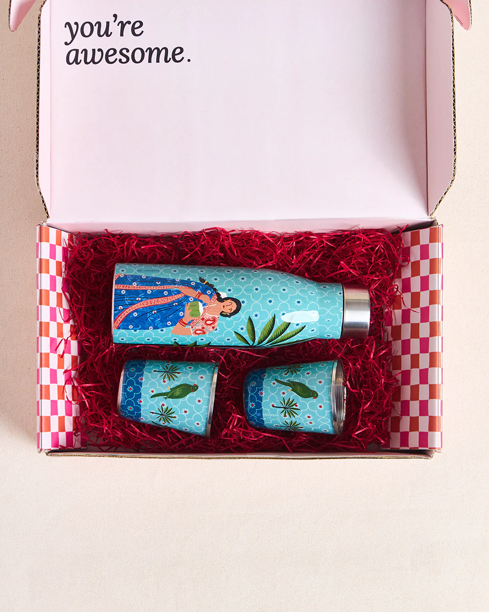 Lady Chettiar Drinkware Gift Set - Set of 3, 750ml Bottle, 200ml Tumblers - Image 4