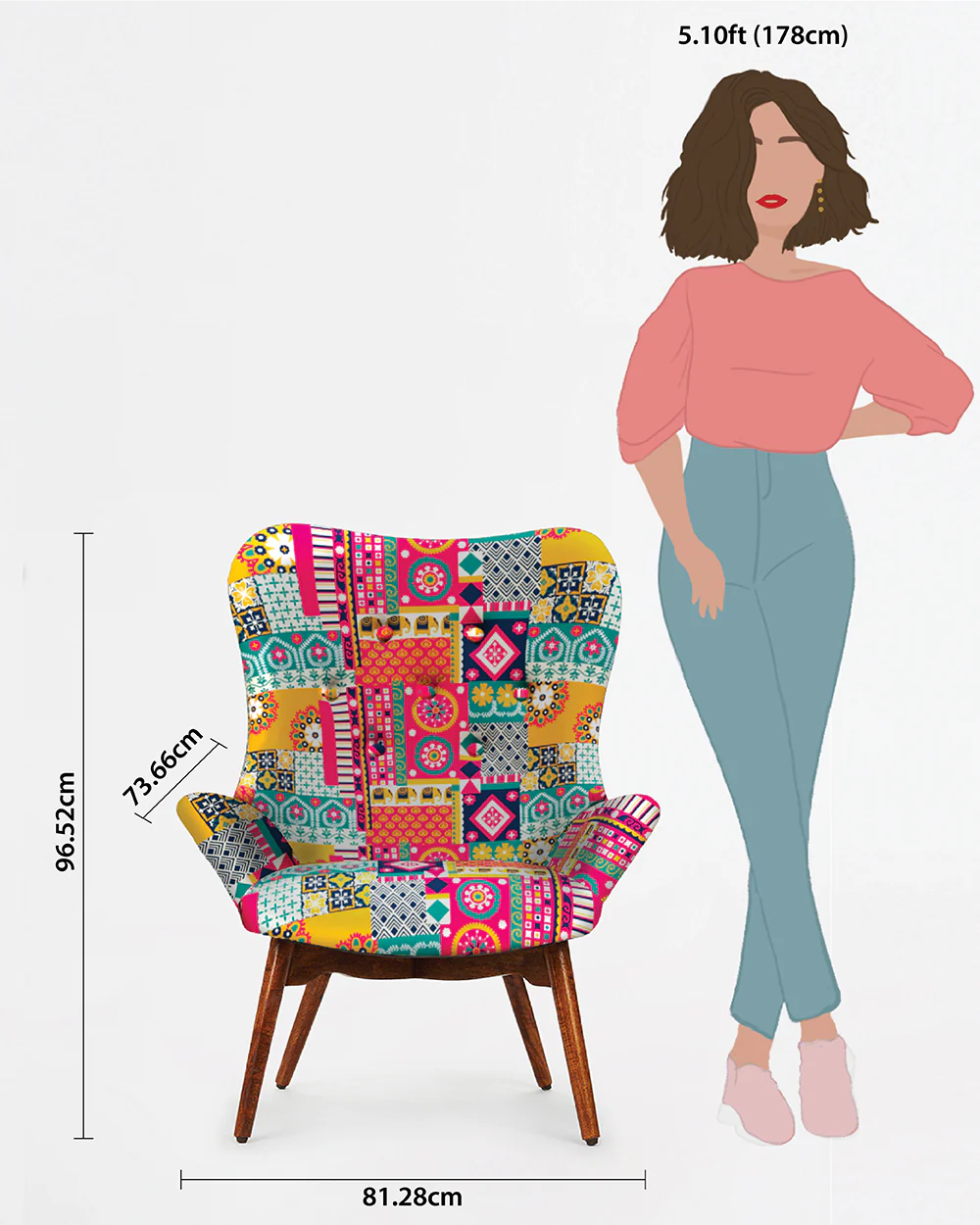 Mid Century Modern Wing Chair-Floral Swirls - Image 7