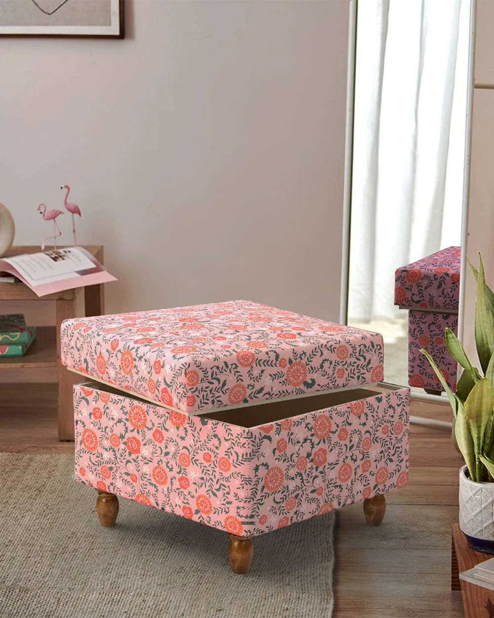 Modern Trunk Storage Ottoman - Earthy Florals Peach