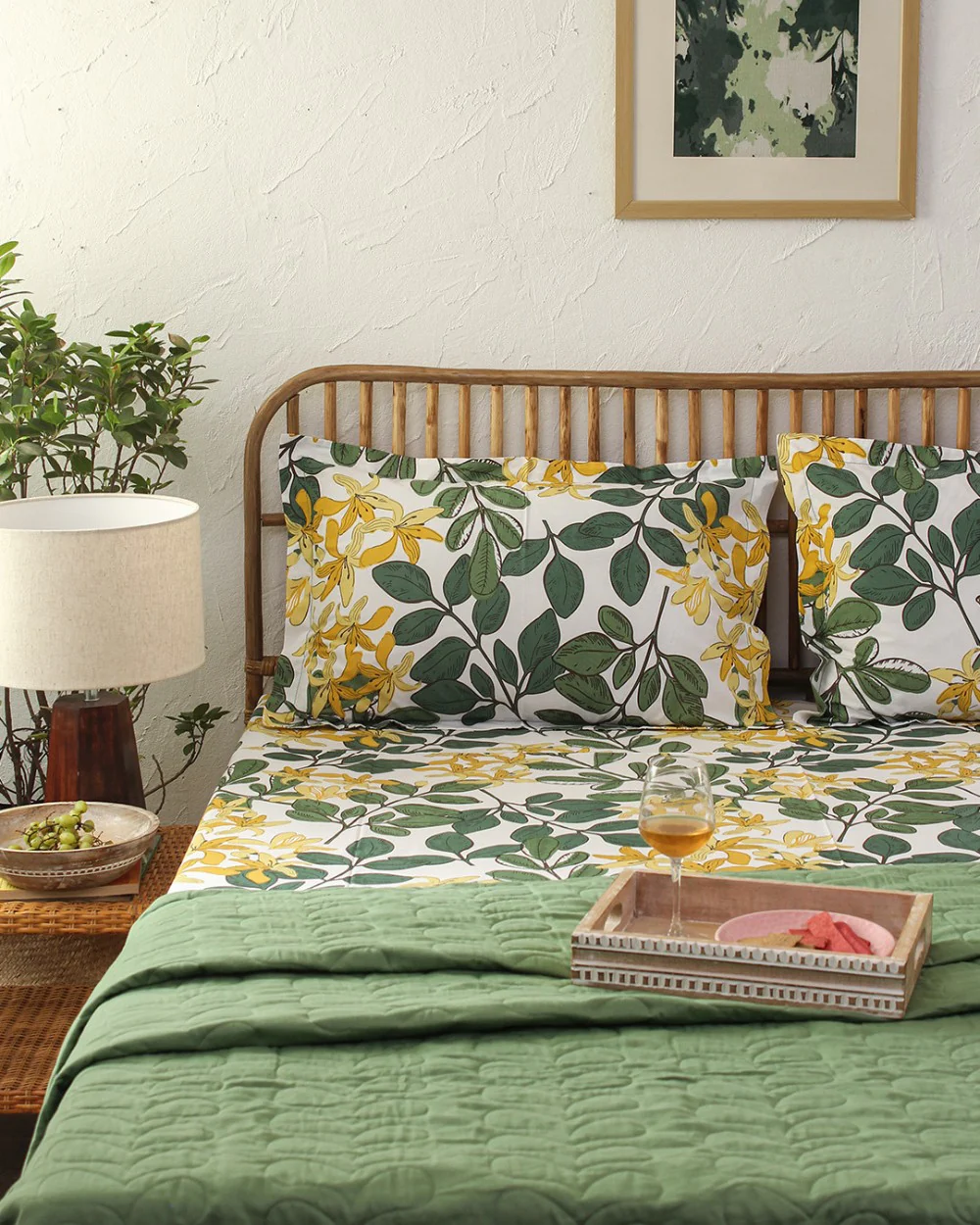 Moringa, Green - Queen Size Bedsheet Set 180TC - Image 2