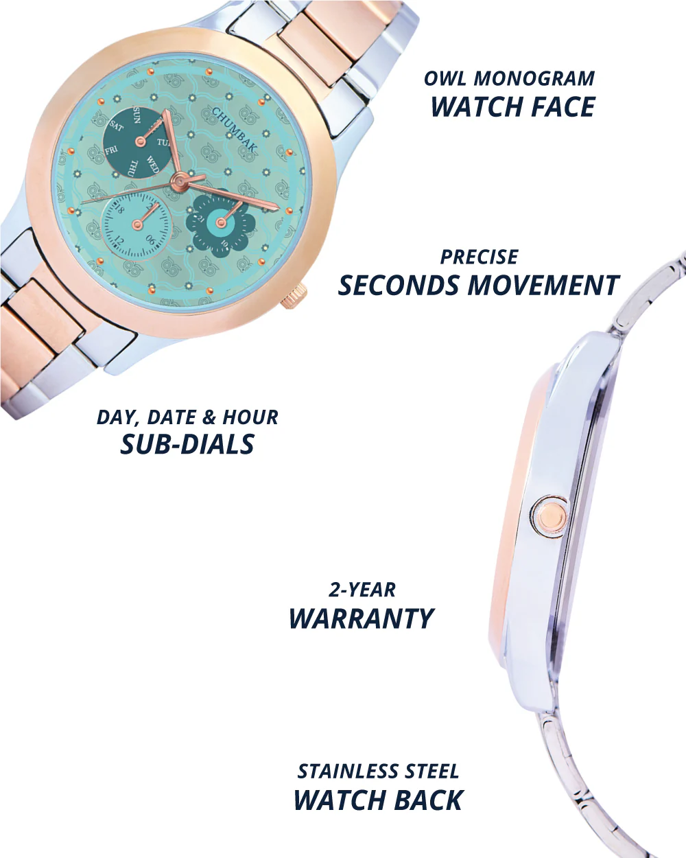Ocean Owl Monogram Metal Watch | Steel & Rosegold strap with Teal Dial - Image 3