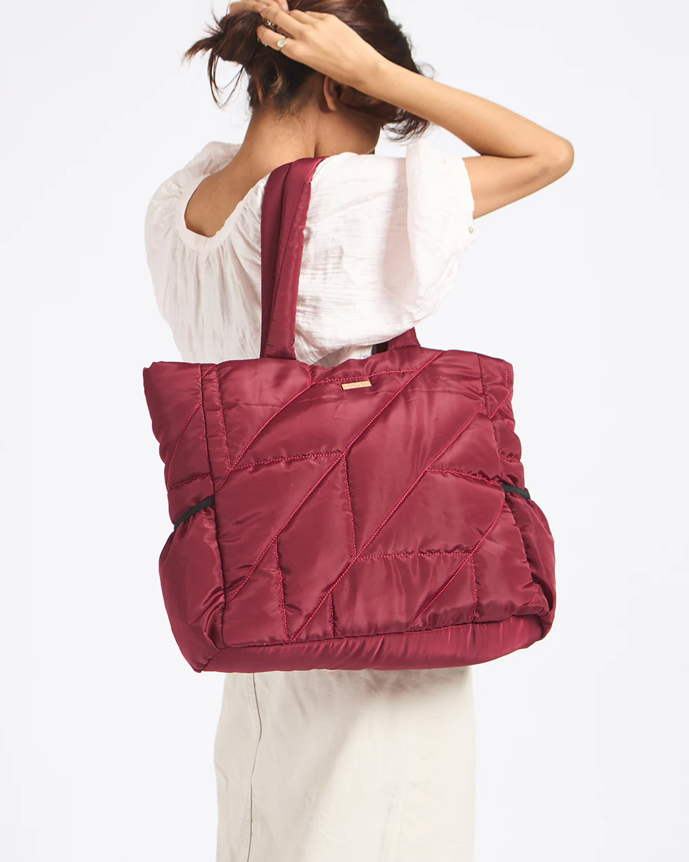 Quilted Puffer Tote - Maroon - Image 2