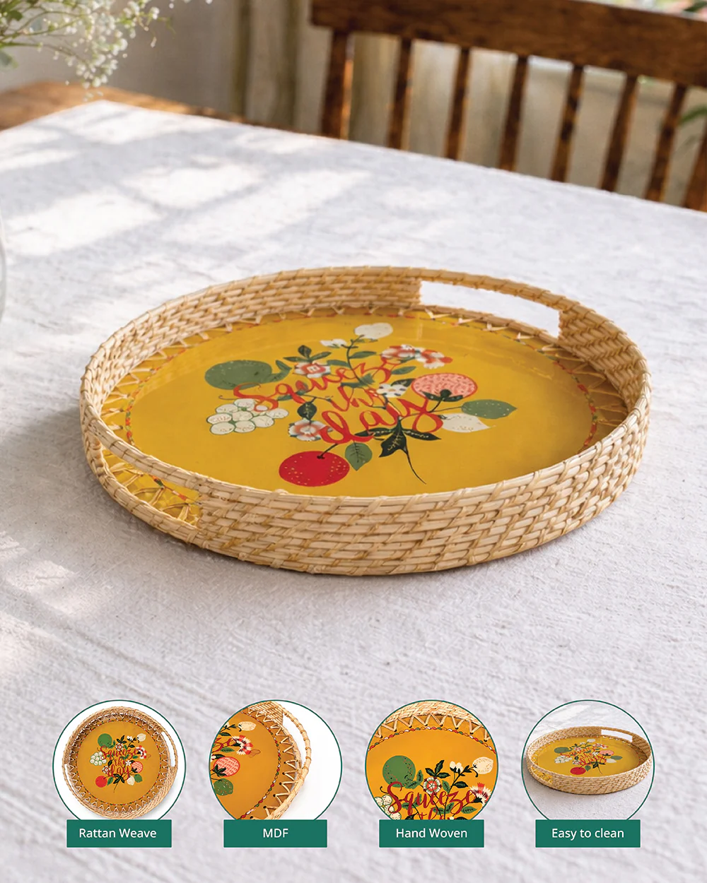 Squeeze the Day Rattan Carry Tray ( Round) | Citrus Zest - Image 2