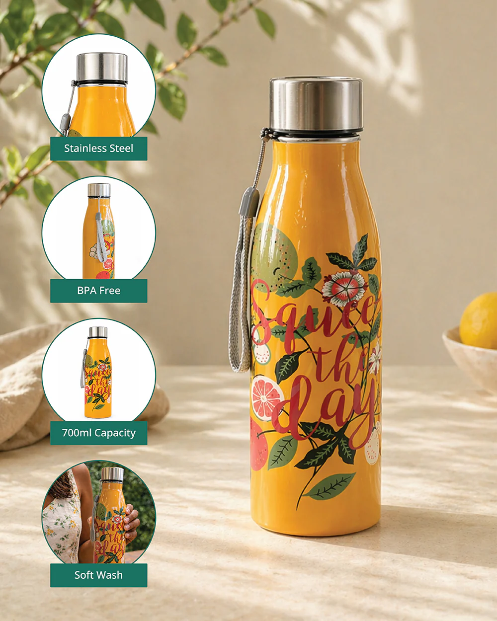 Squeeze the Day Steel Bottle, 700 ml | Citrus Zest - Image 2