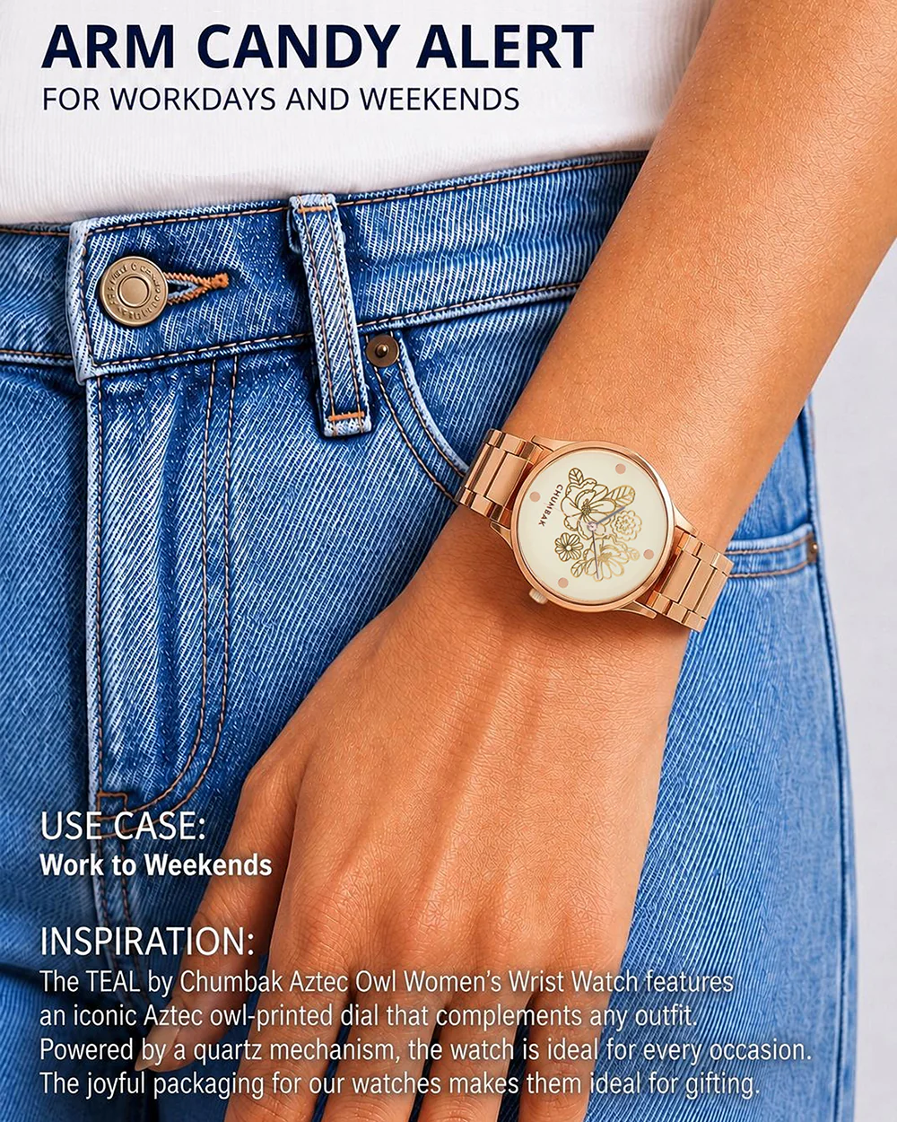 TEAL by Chumbak abstract Peacock Watch, Metal link Strap - Image 8