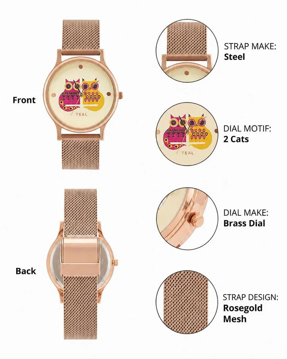 Teal by Chumbak Being Catty Watch,
Stainless Steel Mesh Strap - Image 3