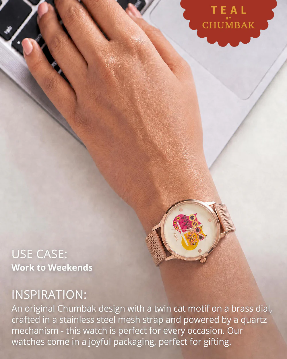 Teal by Chumbak Being Catty Watch,
Stainless Steel Mesh Strap - Image 4