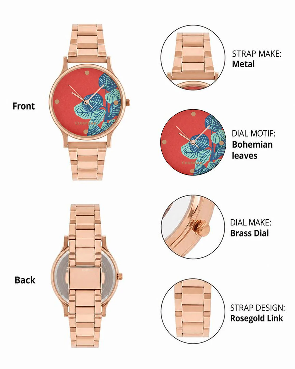 TEAL by Chumbak Bohemian Leaves  Watch,Metal link Strap - Image 3