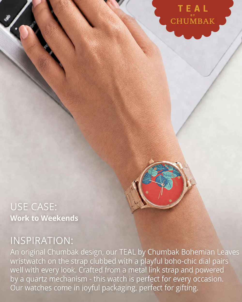 TEAL by Chumbak Bohemian Leaves  Watch,Metal link Strap - Image 4