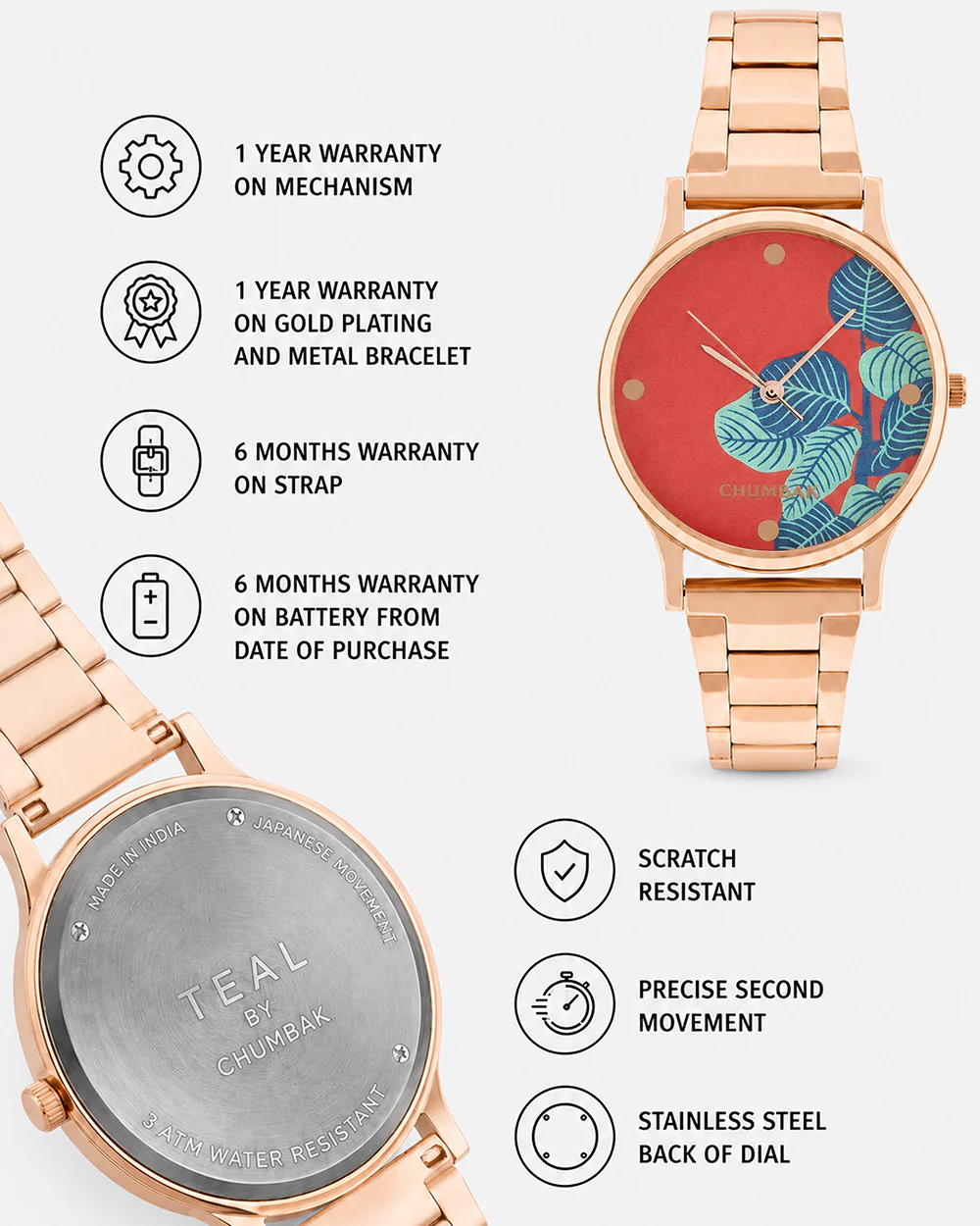 TEAL by Chumbak Bohemian Leaves  Watch,Metal link Strap - Image 6