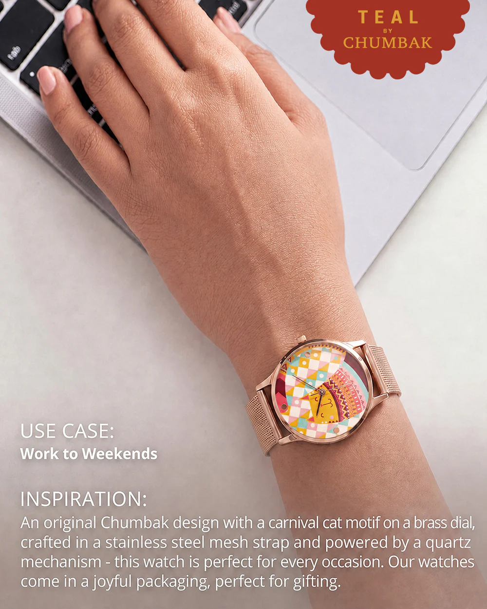 Teal by Chumbak Carnival Cat Watch,Stainless Steel Mesh Strap - Image 4