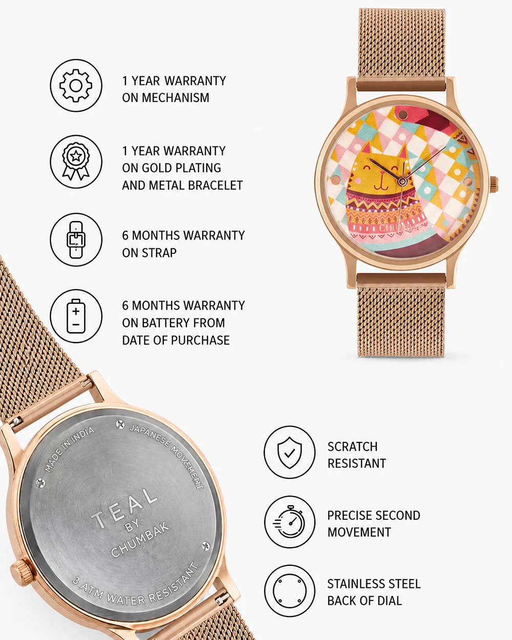 Teal by Chumbak Carnival Cat Watch,Stainless Steel Mesh Strap - Image 6