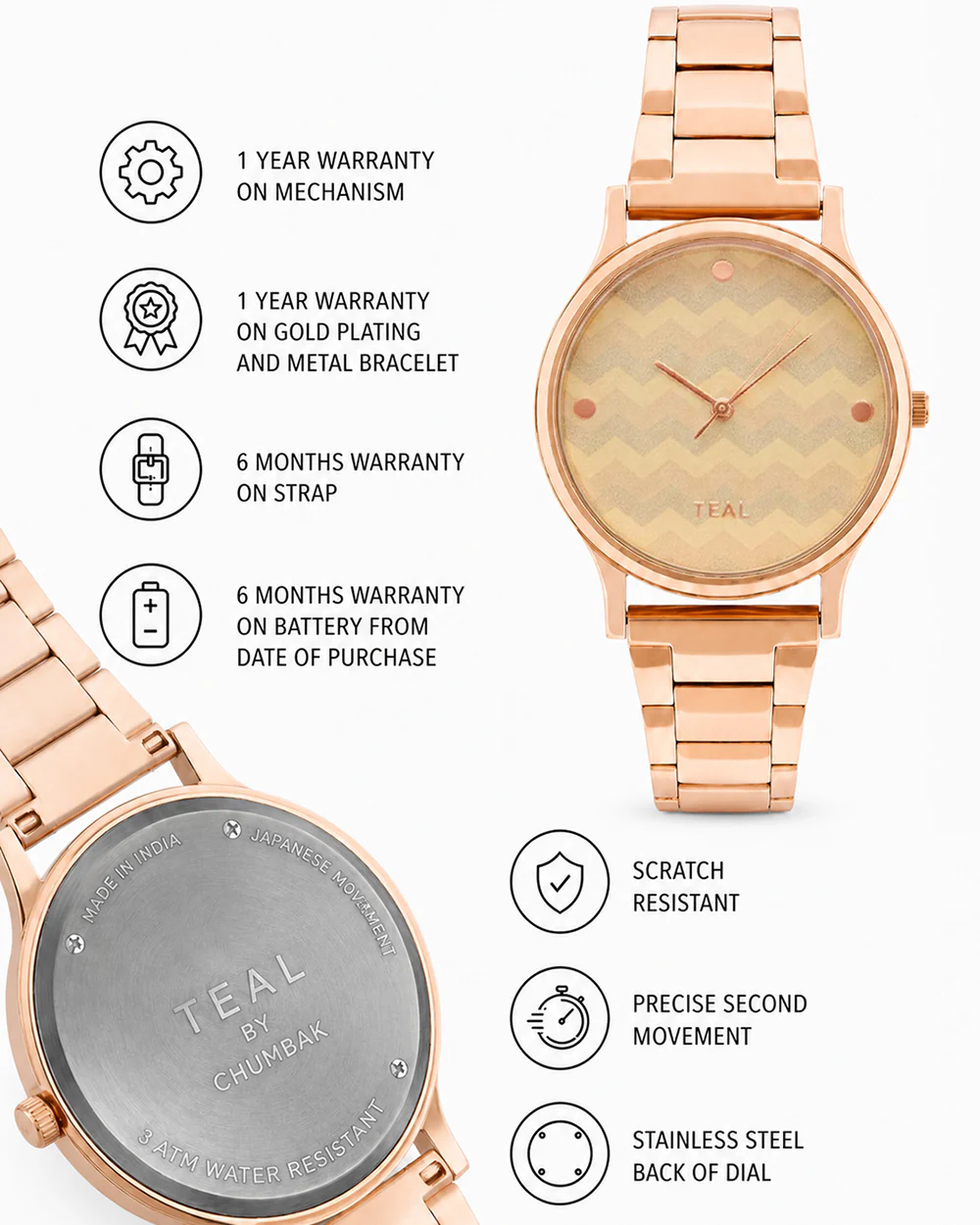 Teal by Chumbak Chevron Watch,Stainless Steel Link Strap - Image 6