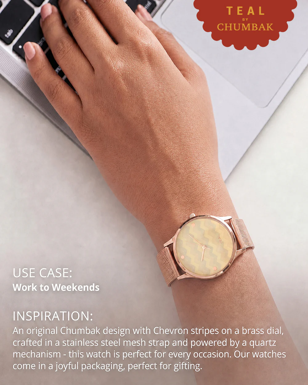 Teal by Chumbak Chevron Watch,Stainless Steel Mesh Strap - Image 4