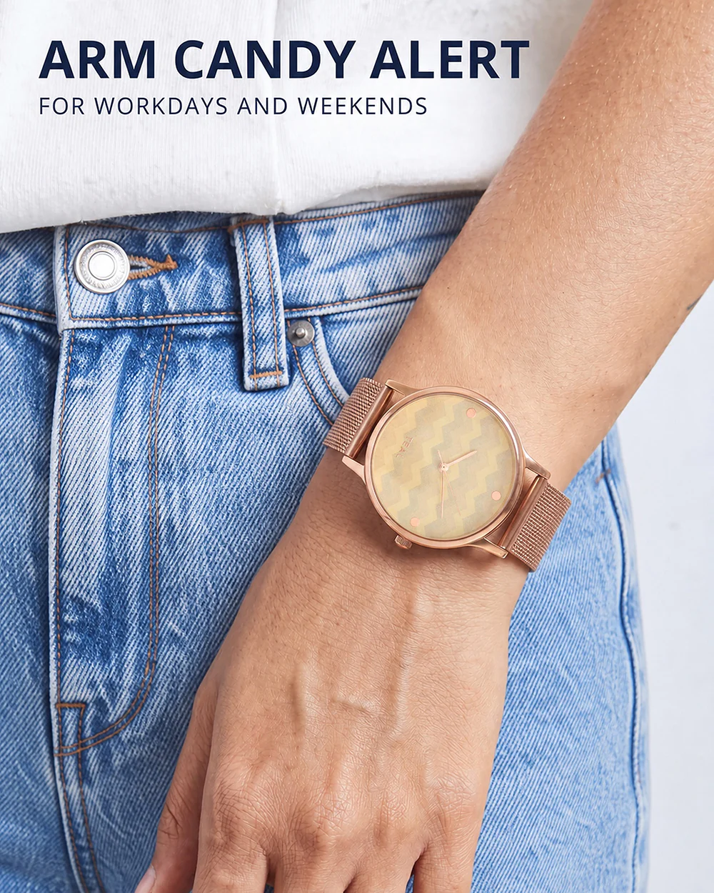 Teal by Chumbak Chevron Watch,Stainless Steel Mesh Strap - Image 8
