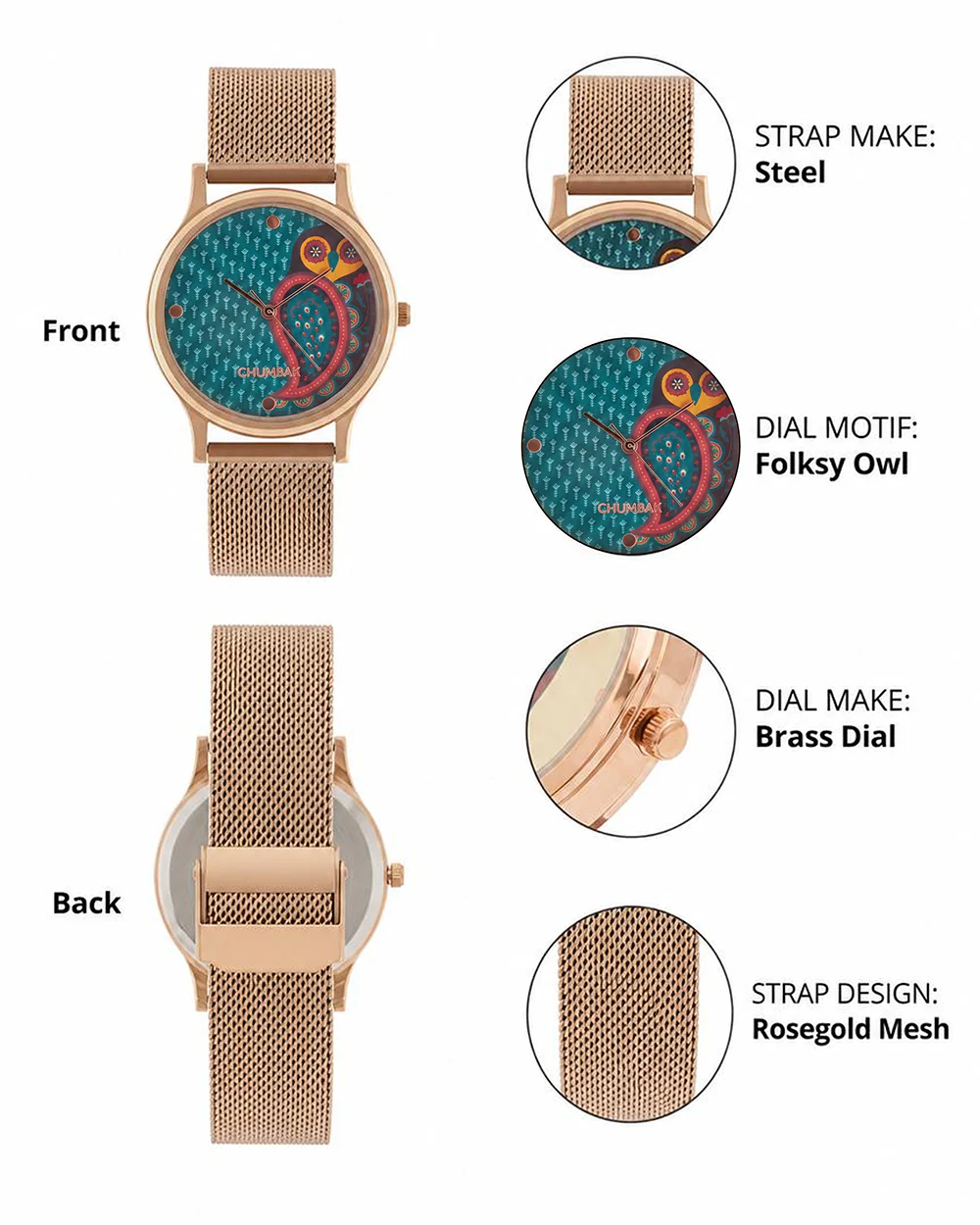 Teal by Chumbak Folk Owl Watch,Stainless Steel Mesh Strap - Image 3