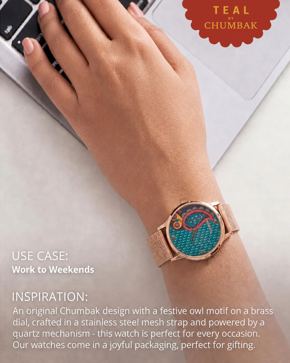 Teal by Chumbak Folk Owl Watch,Stainless Steel Mesh Strap - Image 4