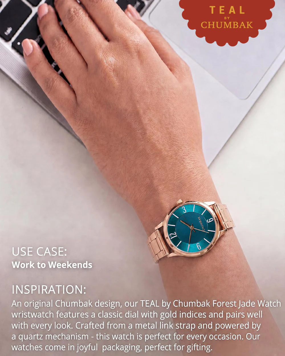 TEAL by Chumbak Forest Jade Watch, Metal link Strap - Image 4