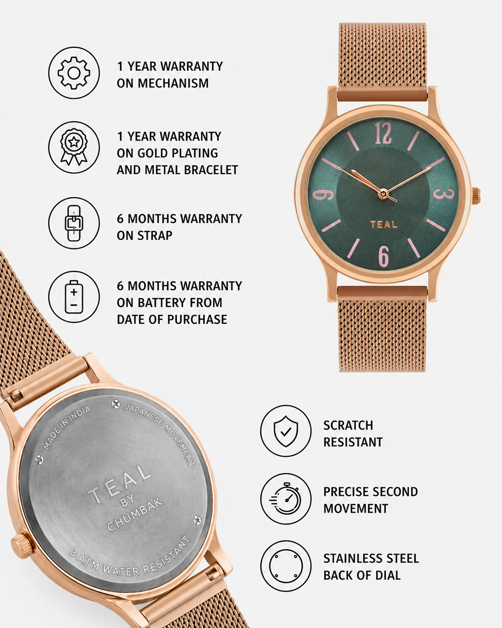 TEAL by Chumbak Forest Jade Watch, Metal Mesh Strap - Image 6