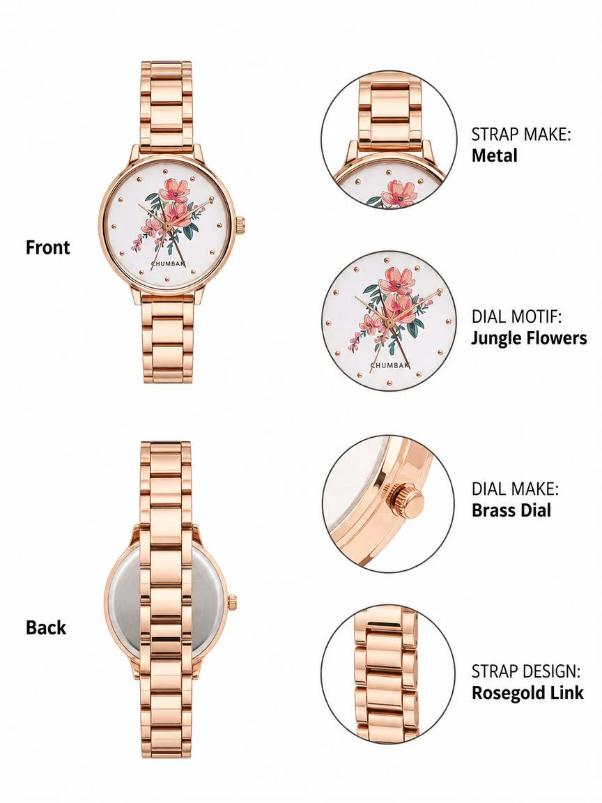 TEAL by Chumbak Jungle Flowers Watch, Metal link Strap - Image 3