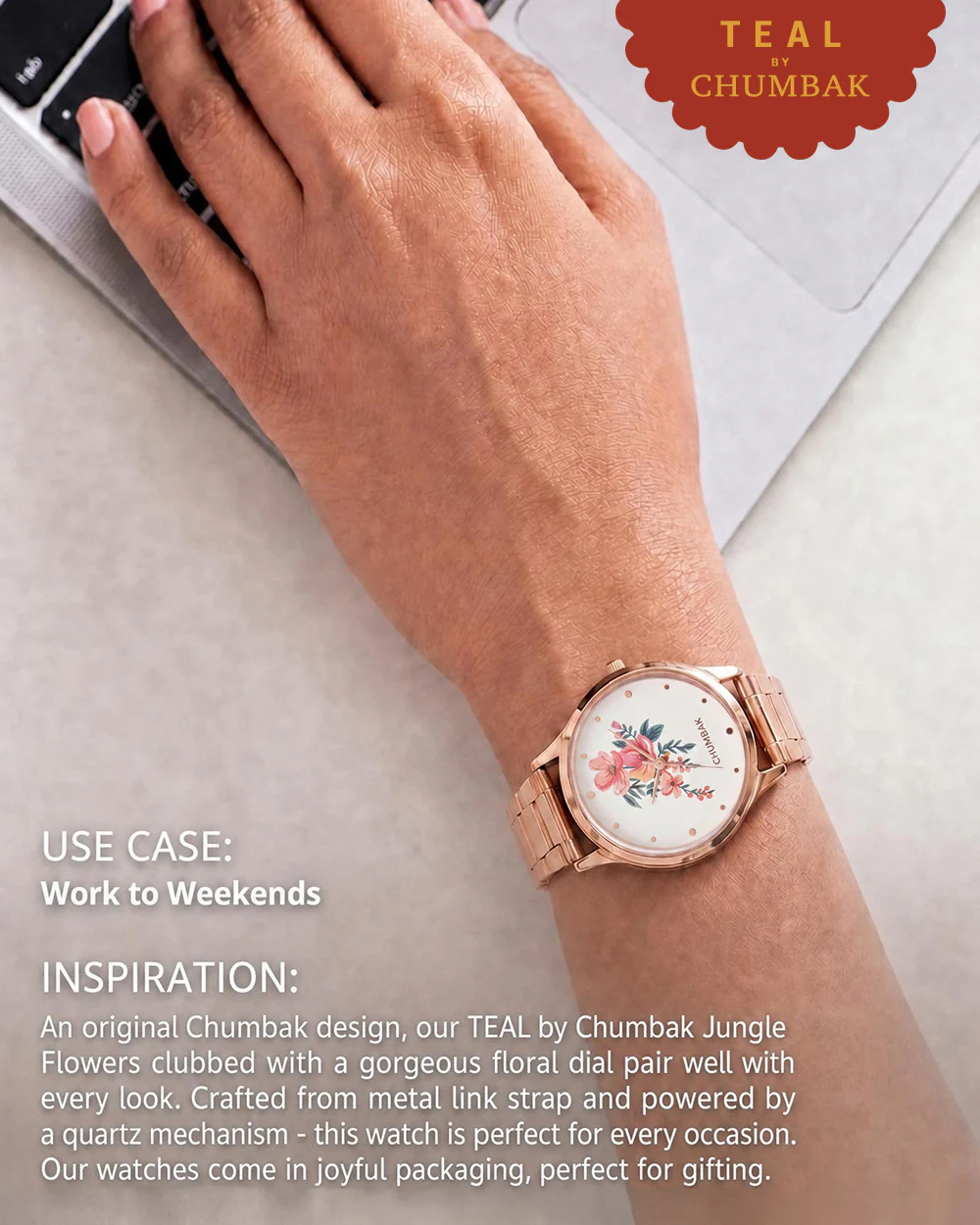 TEAL by Chumbak Jungle Flowers Watch, Metal link Strap - Image 4