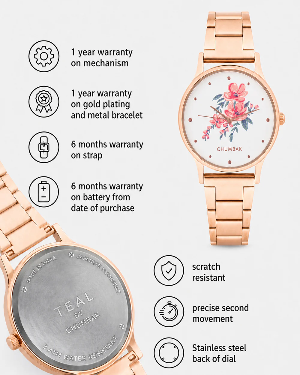 TEAL by Chumbak Jungle Flowers Watch, Metal link Strap - Image 6