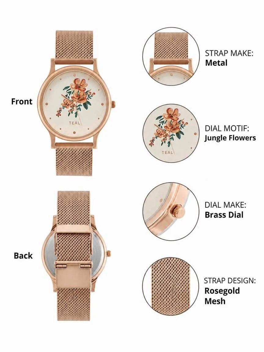 TEAL by Chumbak Jungle Flowers Watch, Metal Mesh Strap - Image 3