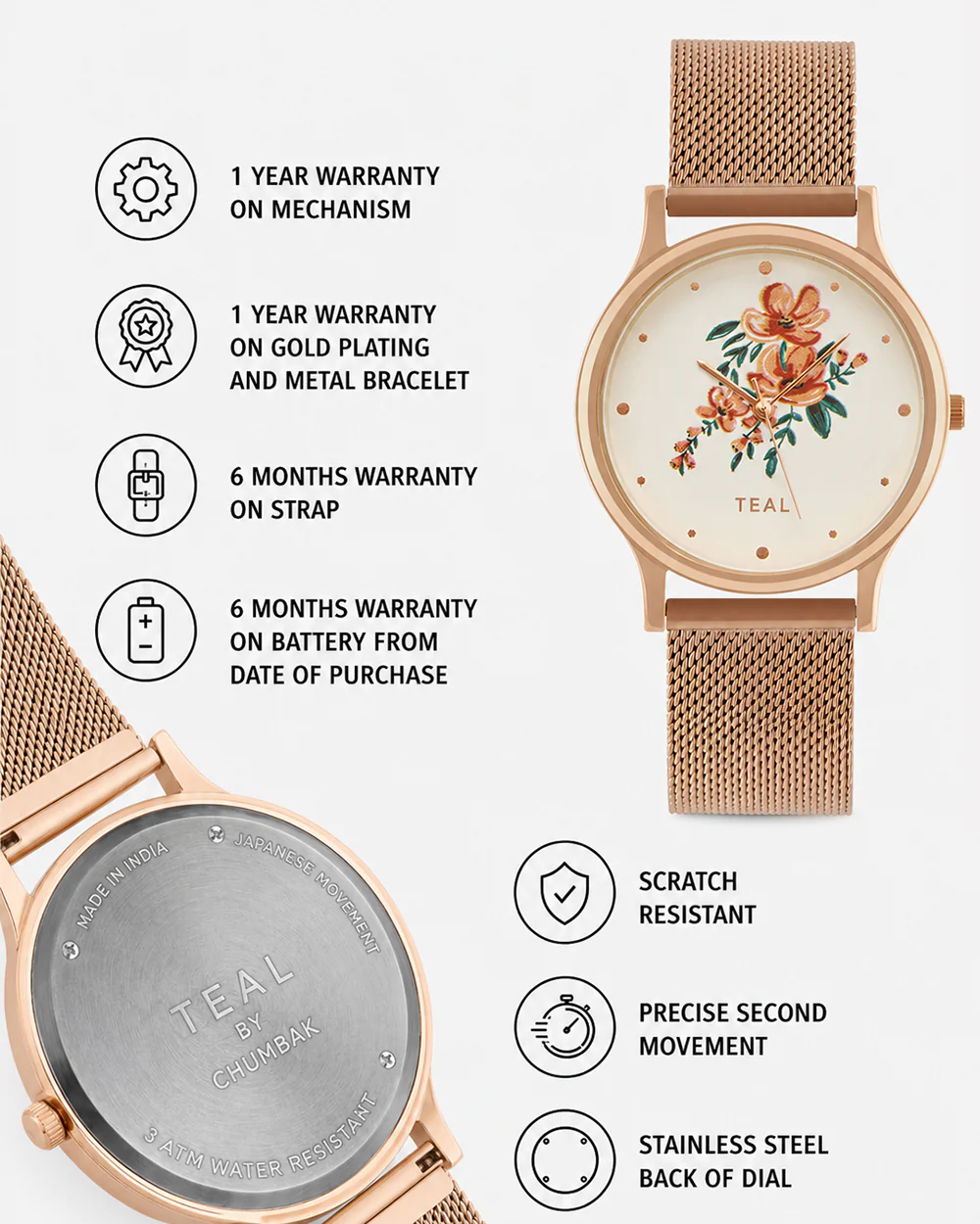TEAL by Chumbak Jungle Flowers Watch, Metal Mesh Strap - Image 6