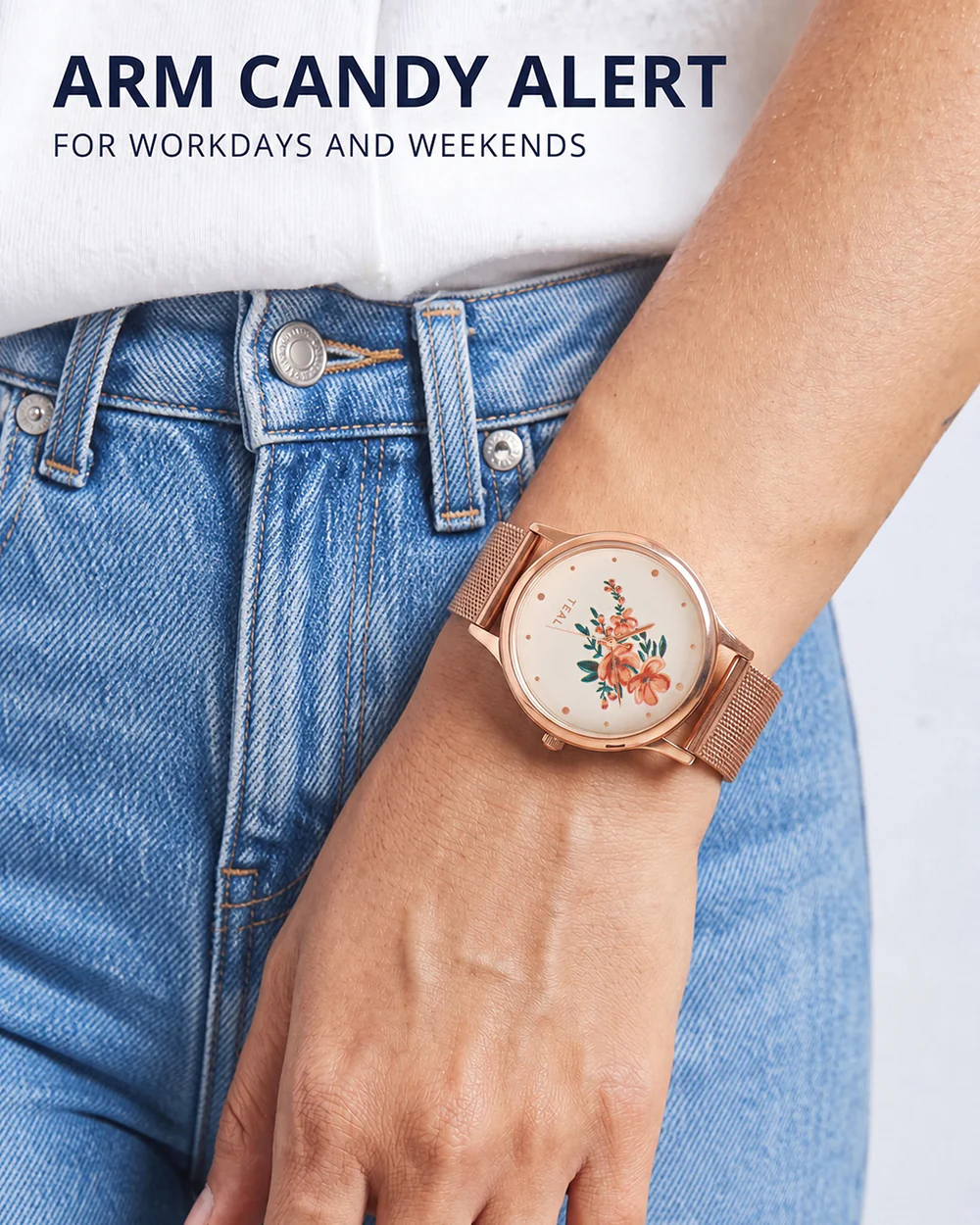 TEAL by Chumbak Jungle Flowers Watch, Metal Mesh Strap - Image 8