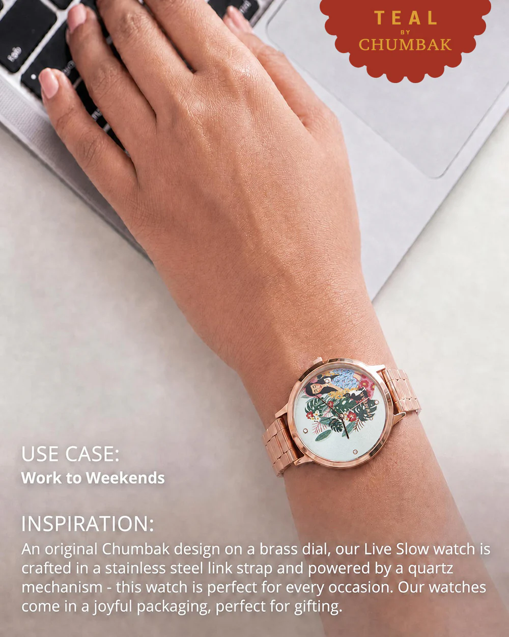 Teal by Chumbak Live Slow Watch,Stainless Steel Link Strap - Image 4