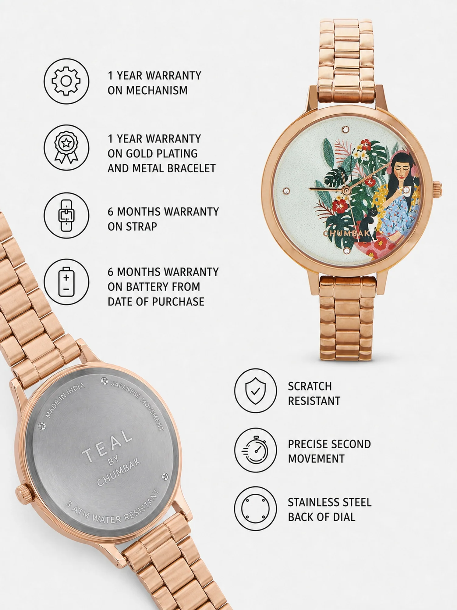 Teal by Chumbak Live Slow Watch,Stainless Steel Link Strap - Image 6