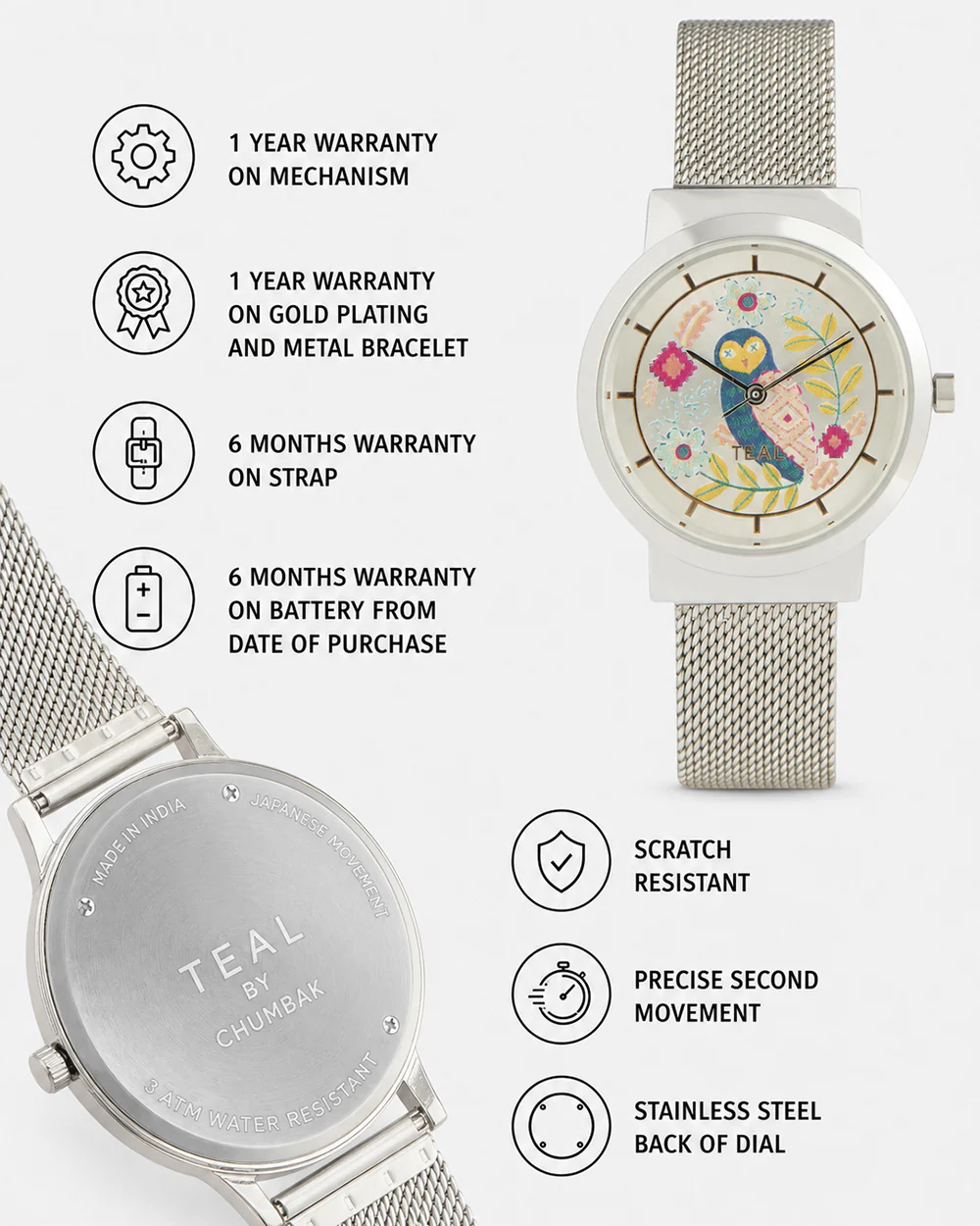 Teal by Chumbak Owlsome Watch | Metal Mesh Strap - Silver - Image 6