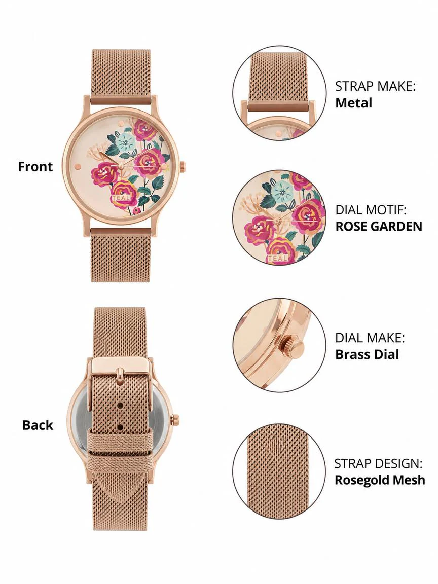 TEAL by Chumbak Rose Garden Watch, Metal Mesh Strap - Image 3