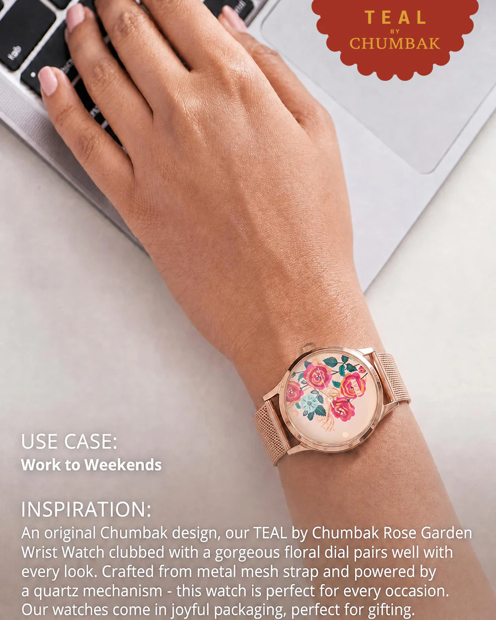 TEAL by Chumbak Rose Garden Watch, Metal Mesh Strap - Image 4