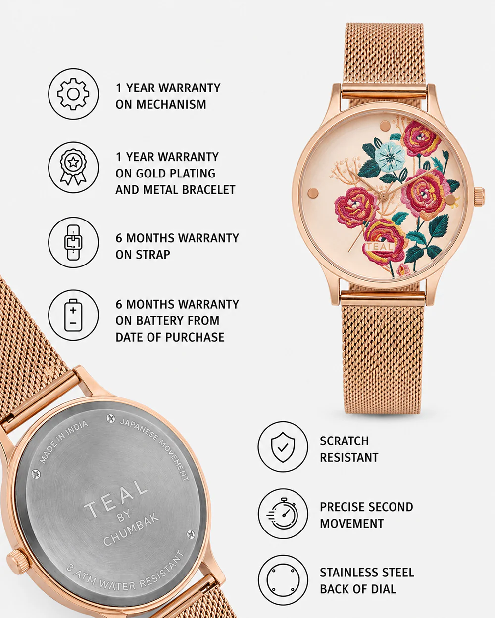 TEAL by Chumbak Rose Garden Watch, Metal Mesh Strap - Image 6