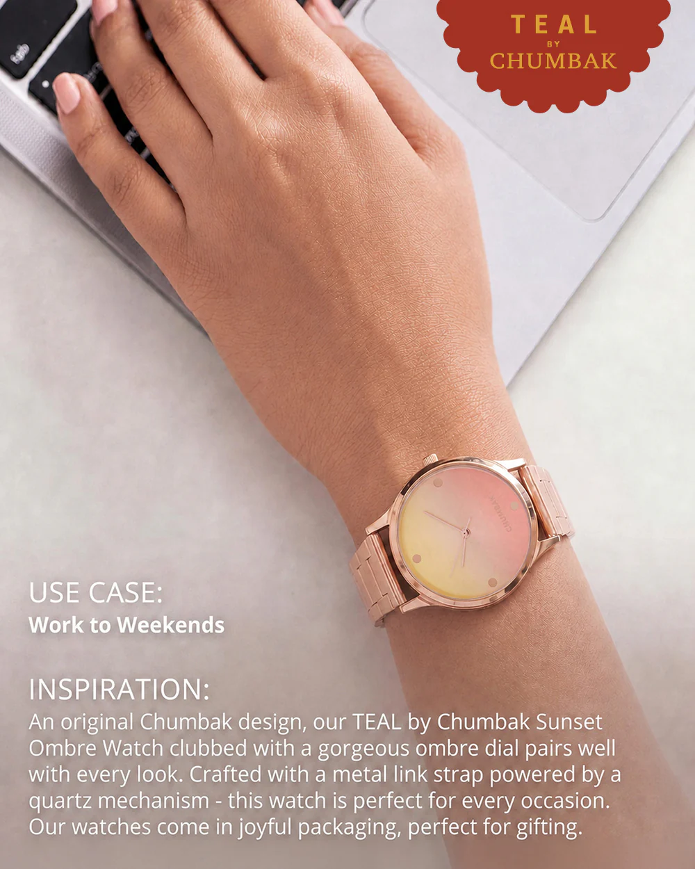 TEAL by Chumbak Sunset Ombre Watch, Metal link Strap - Image 4